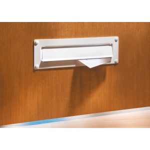 Sportello cassetta postale Burg Wächter Porta 796 bianco su porta in legno con fessura per lettere.