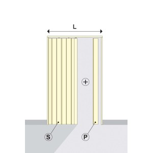 Disegno schematico di una porta a soffietto t.b.t. con dimensioni.