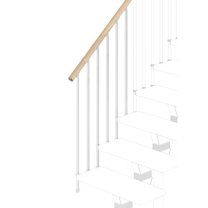 Ringhiera per scale con corrimano in legno e montanti bianchi. Accessori per scale e ringhiere.
