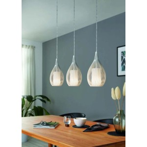 Lampadario a sospensione Eglo Razoni 3 luci L99x19xH110 cm acciaio vetro bianco