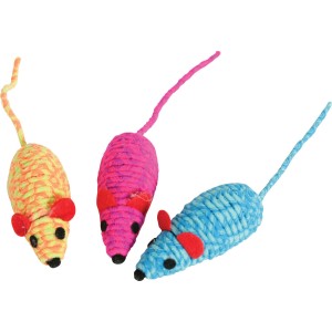 Tre topolini giocattolo colorati in filato per gatti.