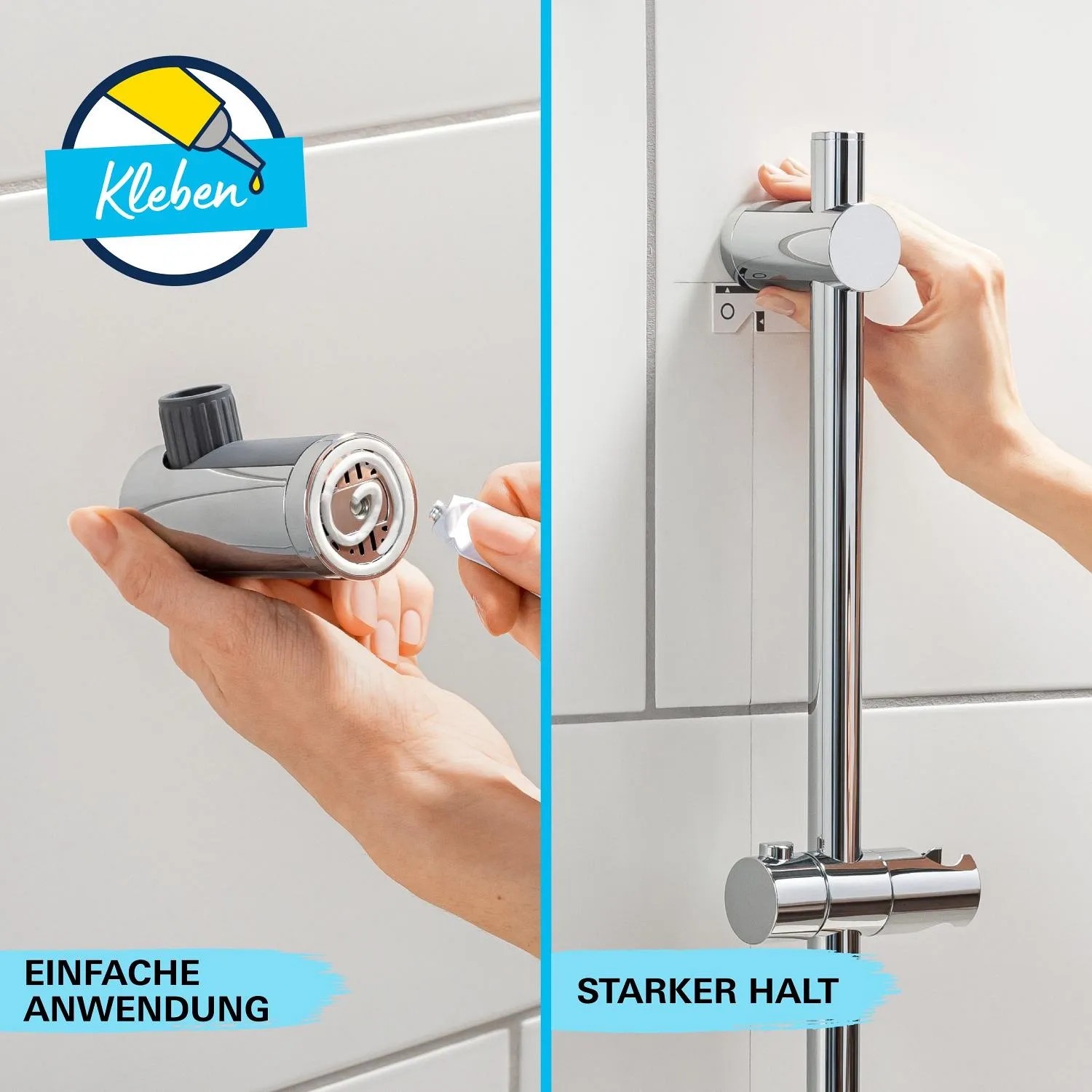 Installazione del set asta doccia Grohe QuickFix con colla, effetto cromo.