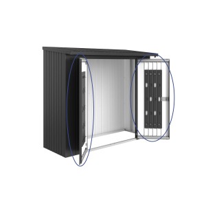 Pacchetto porta Biohort per WoodStock 230 in grigio scuro metallizzato con sistema di organizzazione.