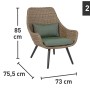 Set mobili da balcone Aliceville: sedia in polyrattan verde-grigio con cuscino, dimensioni indicate.