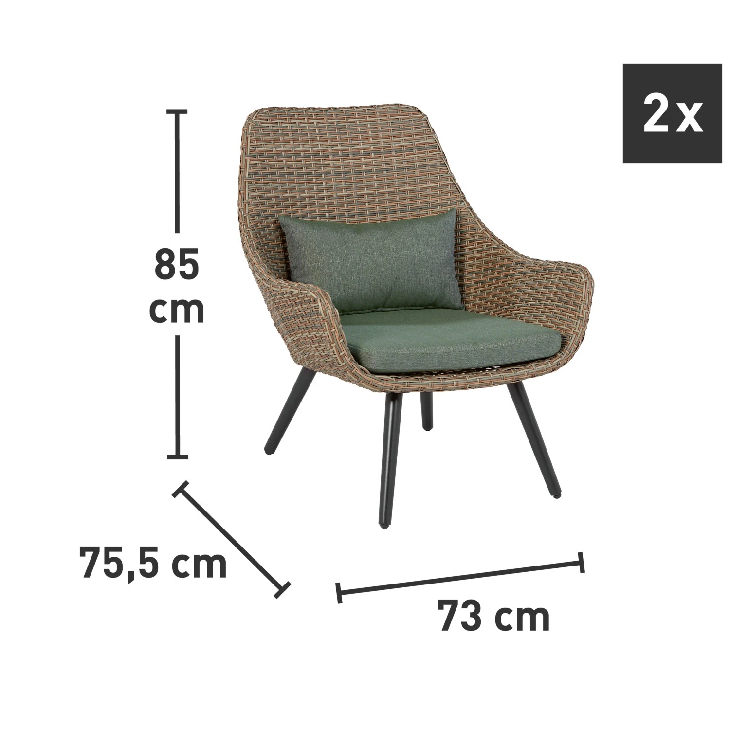 Set mobili da balcone Aliceville: sedia in polyrattan verde-grigio con cuscino, dimensioni indicate.