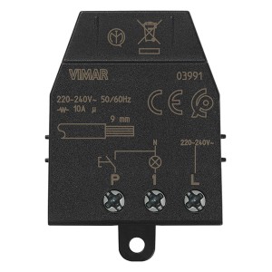 Relè nero VIMAR, dettaglio dei collegamenti e dati tecnici.