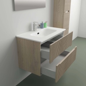 t.b.t. Mobile bagno con due cassetti aperti nel bagno.