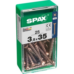 Viti per legno SPAX 3,5x35 mm in contenitore di plastica verde, 25 pezzi.