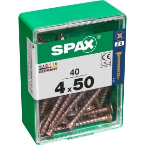 Viti per legno SPAX 4x50 mm in contenitore di plastica verde.
