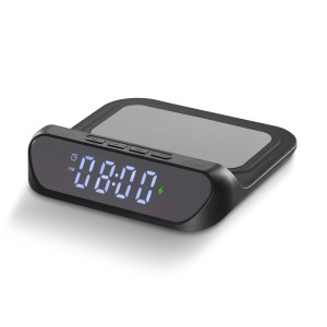 Orologio da comodino t.b.t. nero con display digitale e funzione di ricarica wireless.