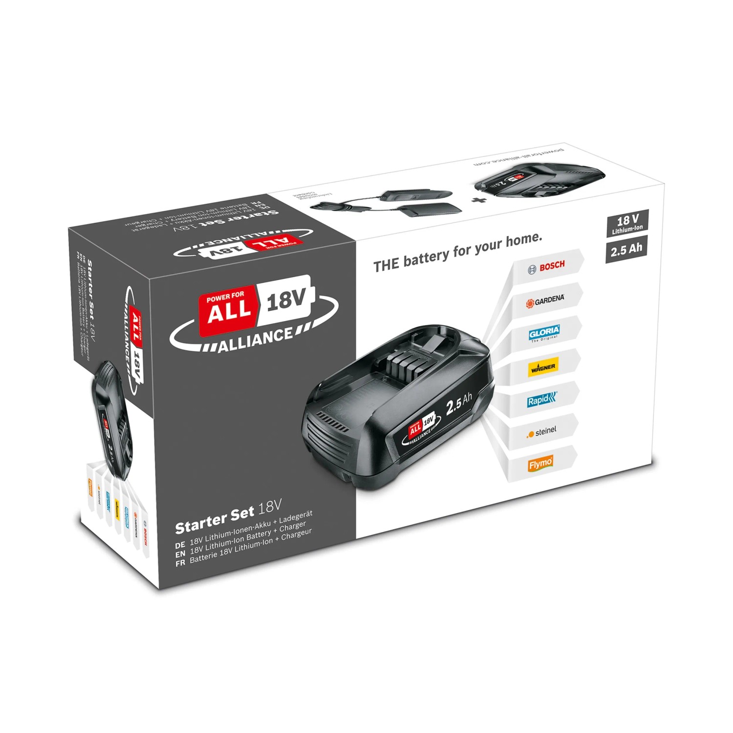 Set avviamento Bosch batteria 18V con batteria 2,5 Ah e caricabatterie nella confezione.