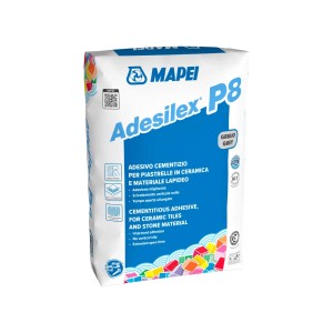 Sacco di adesivo per piastrelle grigio MAPEI Adesilex P8 per ceramica e pietra.