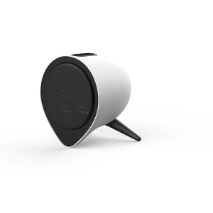 Stufa elettrica t.b.t. bianca e rotonda con griglia nera e supporto.