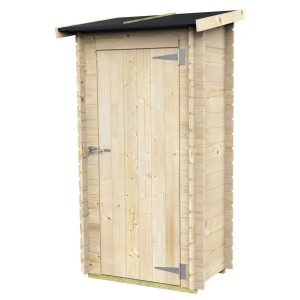 Casetta in legno Lilia 98x64 cm, abete chiaro, con porta singola e tetto scuro inclinato. Ideale per attrezzi.