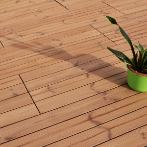 Piastrelle in legno marrone chiaro posate con pianta in vaso.