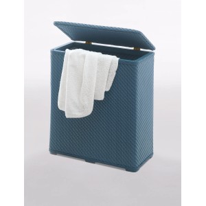 Cesto portabiancheria blu aperto con asciugamano. Ideale per bagno o lavanderia.