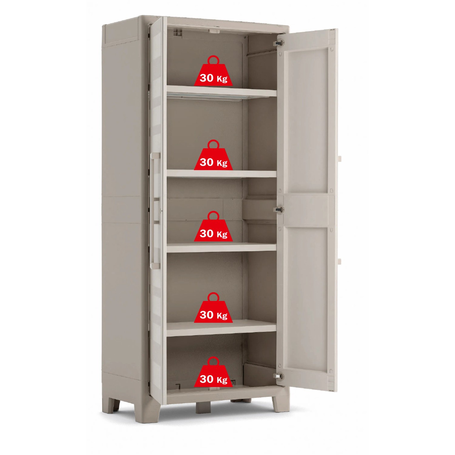 Armadio in plastica KIS Gulliver, beige sabbia, con 4 ripiani, portata fino a 30 kg per ripiano.