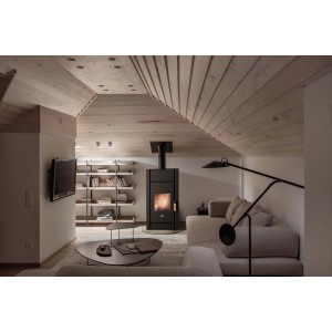Stufa a legna nera in soggiorno moderno con soffitto in legno e TV.