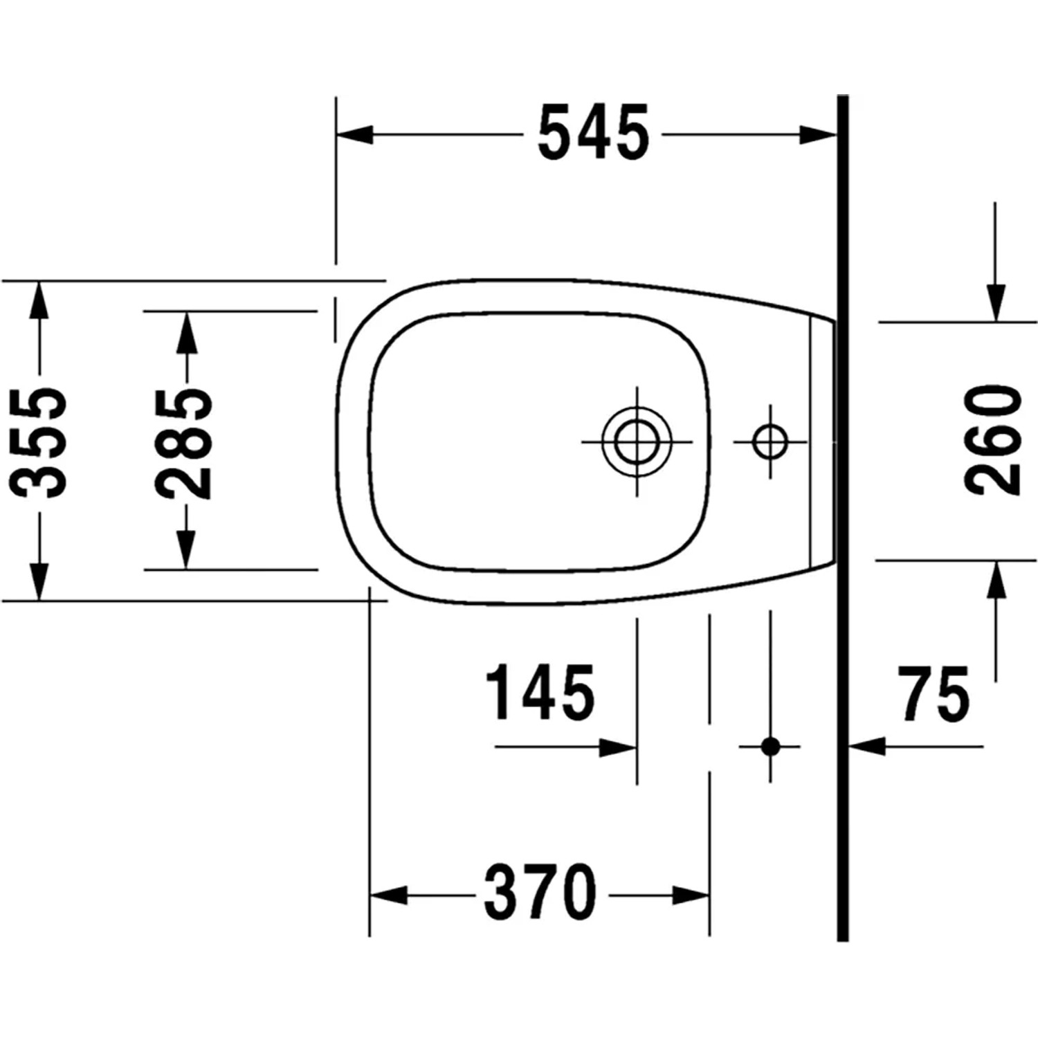 Disegno tecnico del bidet sospeso Duravit D-Code con dimensioni per installazione e progettazione.