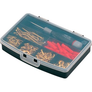 Cassetta assortita con viti, tasselli e utensili per piccole riparazioni.