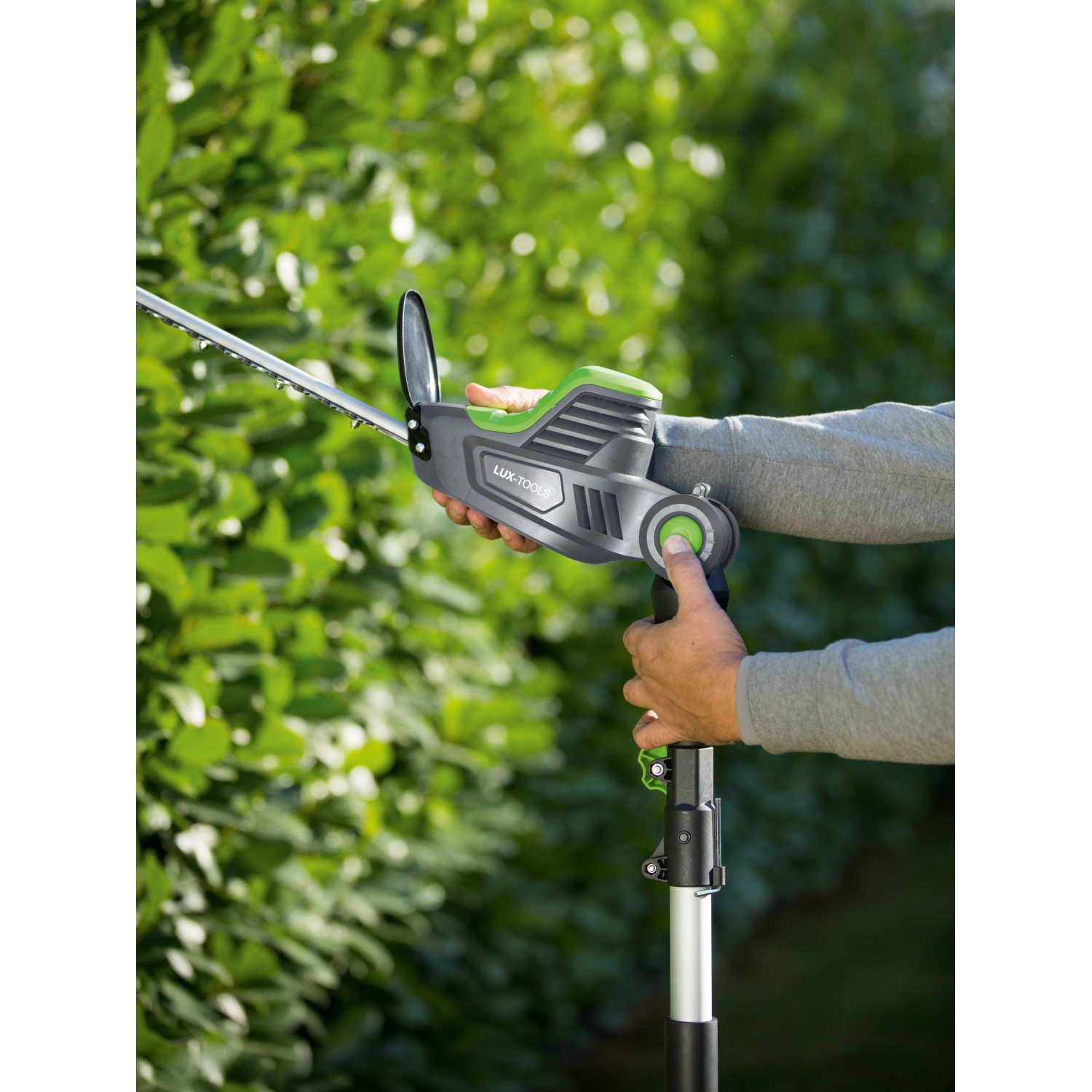 Tagliasiepi telescopico a batteria LUX A-HS-20/51T in uso, per siepi e arbusti alti.