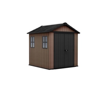 Casetta da giardino in plastica con doppia porta e due finestre.