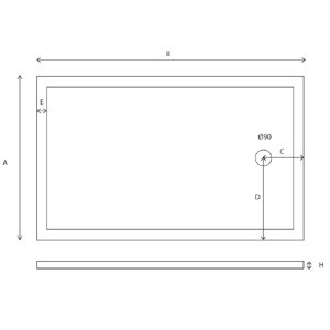 Disegno tecnico di un piatto doccia t.b.t. con dimensioni.