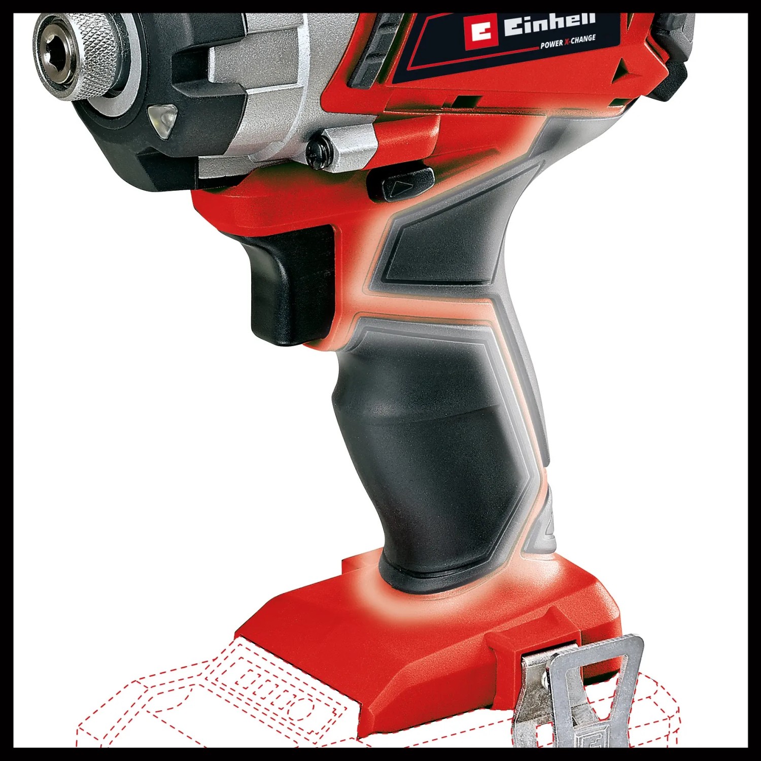 Dettaglio: Avvitatore a impulsi a batteria Einhell TE-CI 18/1 Li Solo rosso. Impugnatura ergonomica per una presa sicura.
