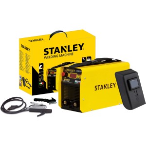 Saldatrice a elettrodo Stanley Inverter 200 A con accessori e display LCD.