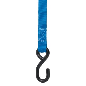 Cinghia di ancoraggio blu con gancio a S nero, larghezza 25 mm, per viaggi e trasporti.
