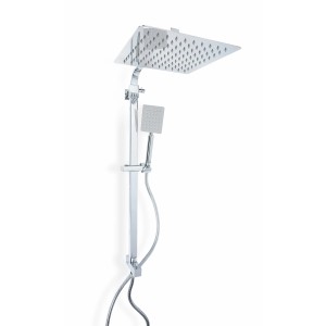 Colonna doccia cromata con soffione e doccetta dal design moderno.