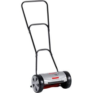 Tagliaerba manuale, argento con manico e ruote neri.
