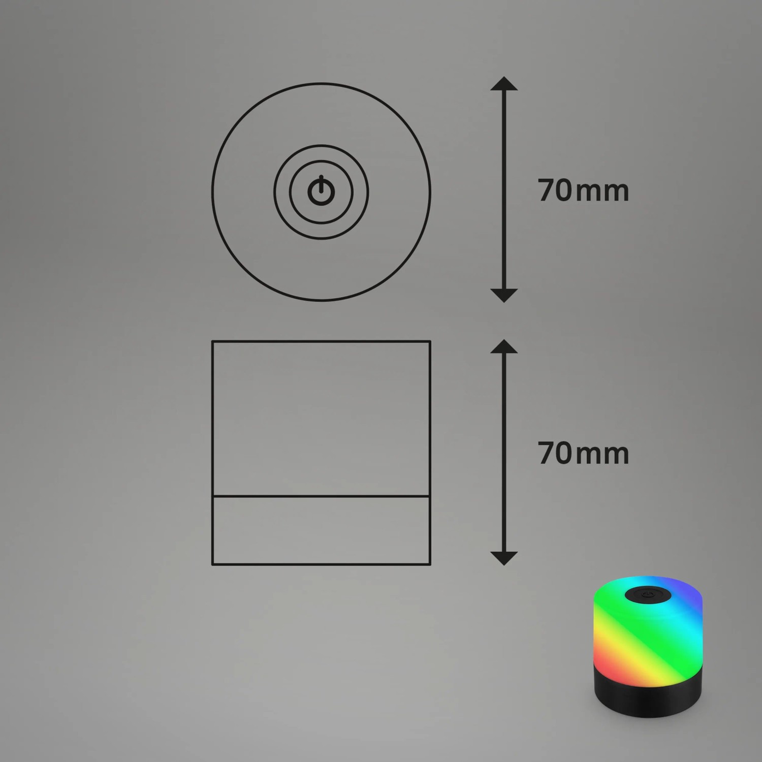Disegno del prodotto della lampada da tavolo a batteria Brilo Smal nera RGB con dimensioni 70x70mm.