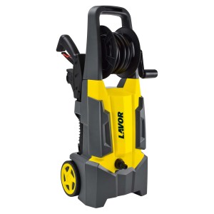 Idropulitrice giallo-grigia con avvolgitubo.