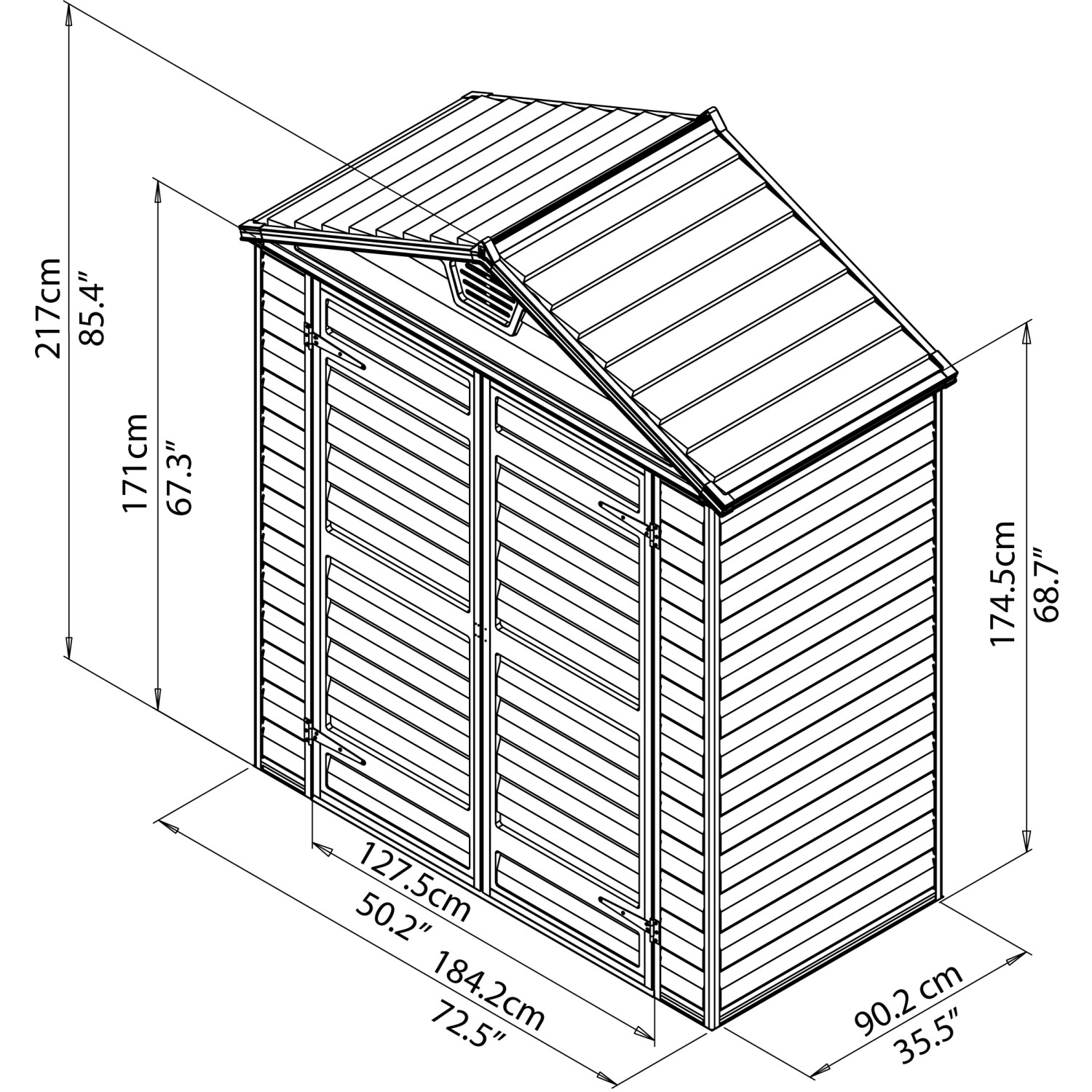 Schizzo del capanno grigio Palram Canopia Skylight 1.9 x 0.9 con dimensioni.
