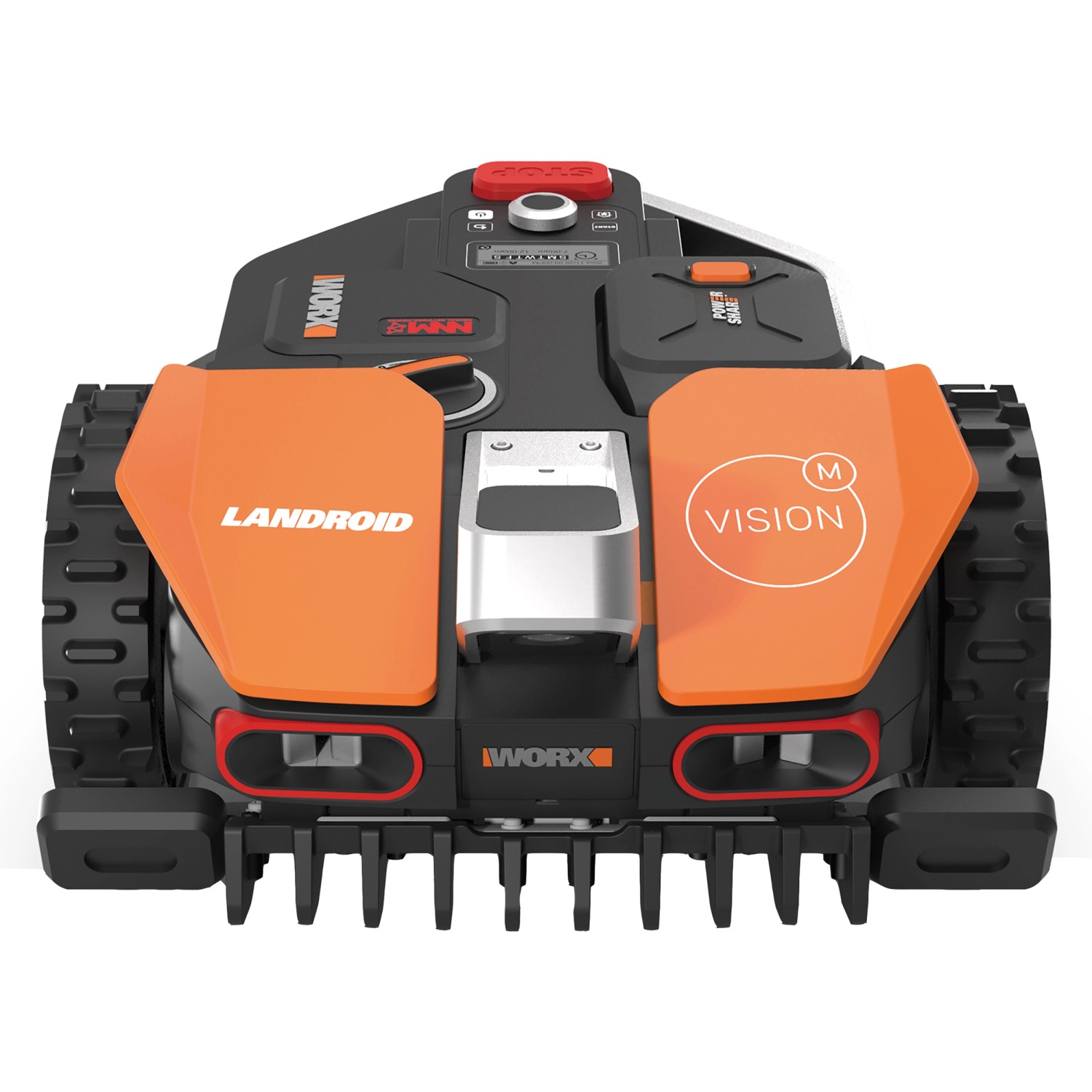 Worx Landroid Vision M800 robot tagliaerba, vista frontale. Robot tagliaerba con rilevamento ostacoli e dettagli arancioni.