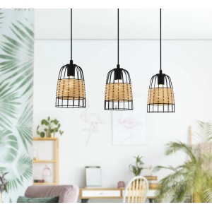 Lampada a sospensione Eglo Anwick, 3 luci, nero-naturale, con paralume in rattan, per lampadine E27