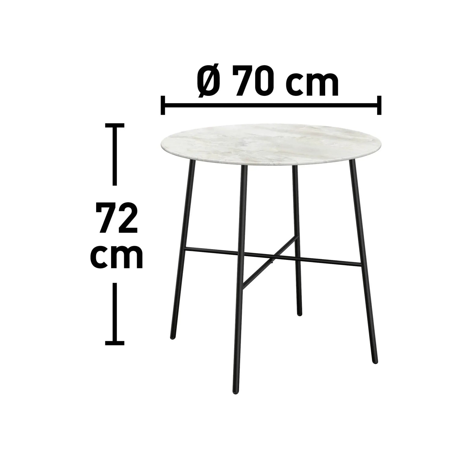Tavolo set balcone Takone, 72 cm di altezza, Ø 70 cm, effetto marmo, struttura in acciaio nero.