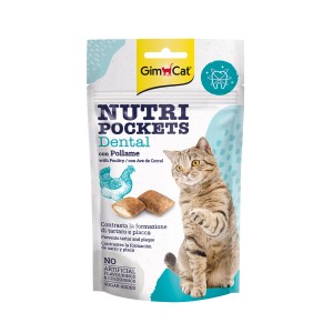 GimCat Nutri Pockets Dental snack per gatti con pollame per l'igiene dentale.