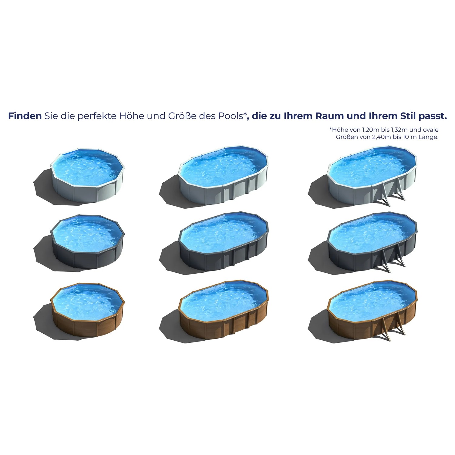 Diverse dimensioni e design di piscine con pareti in acciaio effetto legno.