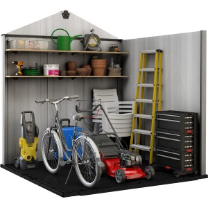 Casetta da giardino in plastica Keter Oakland 757 (210x216cm) con attrezzi da giardino, scala e utensili.