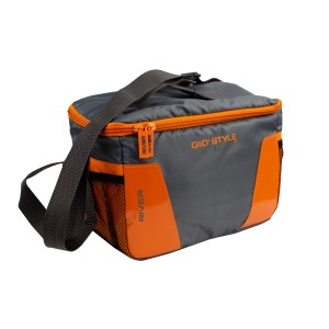 Borsa frigo grigio-arancio con tracolla per campeggio e tempo libero.