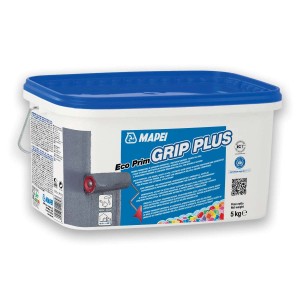 Secchio di Mapei Eco Prim Grip Plus, riempitivo per fughe con rullo. Contenitore bianco con coperchio blu.