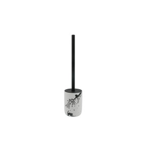 Set scopino WC con contenitore bianco e manico nero, decorato con motivi di gatti.
