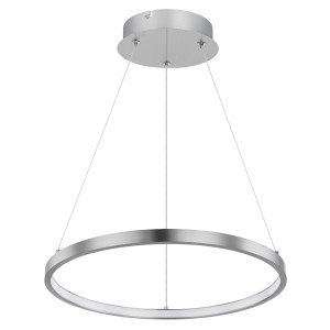 Moderna lampada a sospensione a LED argentata a forma di anello. Ideale come illuminazione elegante.