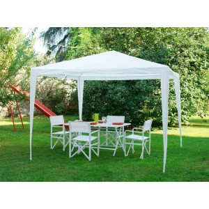 Gazebo bianco t.b.t. con tavolo e sedie in giardino.
