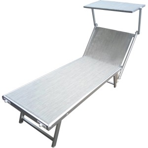 Lettino prendisole grigio con tettuccio parasole per giardino o terrazza.