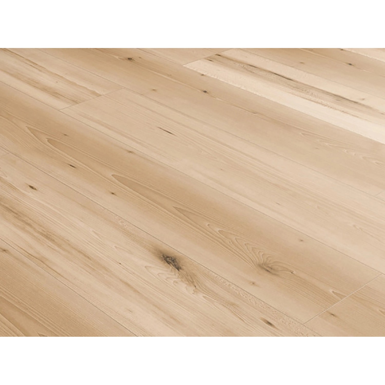 Pavimento in laminato faggio Swaran chiaro, stile rustico con superficie strutturata.