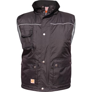 Gilet da lavoro nero con colletto, tasche e dettagli argentati per uomo.