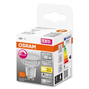 Lampadina LED GU10 Osram, dimmerabile, luce bianca calda, 6W (equivalenti a 46W), 575 lumen.